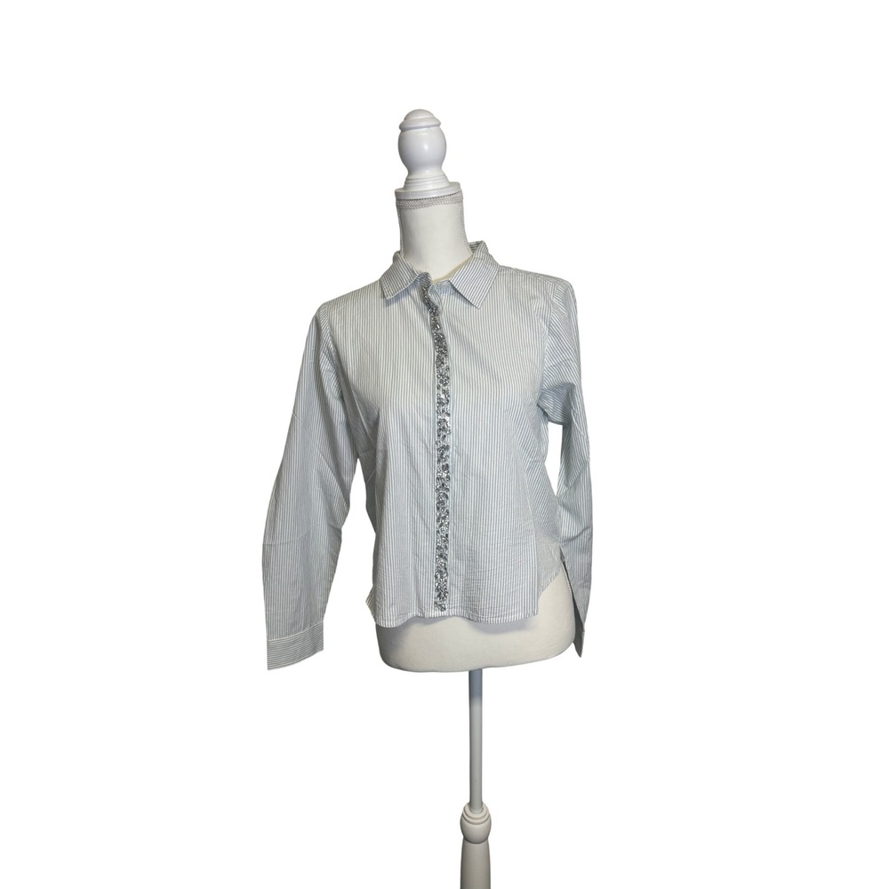 Lucky Brand Women's White and Blue Striped Button Down with Rhinestones Size‎ XS